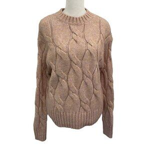 Evereve Wool Blend Chunky Cable-Knit Pullover Sweater Pink Fleck size Small